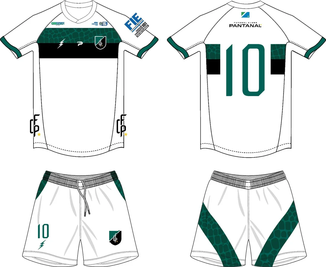 Desenho técnico do uniforme modelo claro: camisa, costas e calção